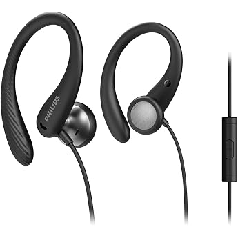 Philips A1105BK/00 Sports Headphones with Microphone In-Ear Headphones Flexible Ear Hook Bass Beat Opening IPX2 Sweat-Resistant Secure Fit Inline Remote Control Black - 2020/2021 Model