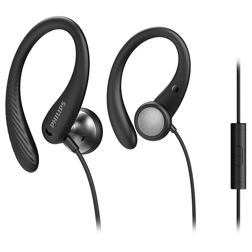 Philips cuffie con filo per fitness e sport/microfono, ipx2 resistenti al sudore, supporti l'orecchio flessibili, vestibilità sicura, telecomando inline/auricolari con filo philips taa1105bk/00