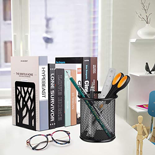 Metal Bookends, Decorative Book Ends, Black Bookends Supports Non Skid Book Stoppers Heavy Duty Book Shelf Holder 2 Pairs, Book Stand for Shelves Bookshelf Office School Library with 1 Pencil Holder
