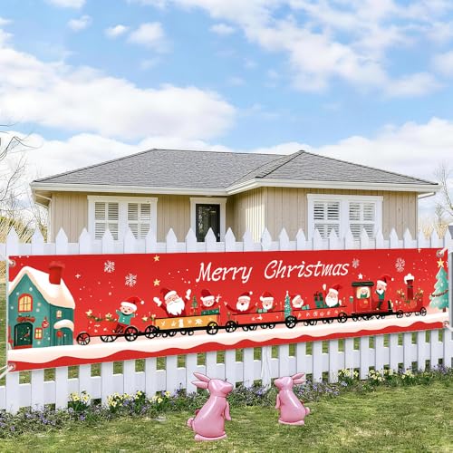 Image of Christmas Train Banner 78.7 x 17.7 Inch Santa with Gift Carriage Red Background Holiday Decoration for Yard Garden Fence Porch Patio or Outdoor Display Great for Christmas Party Scene and Winter Celebration