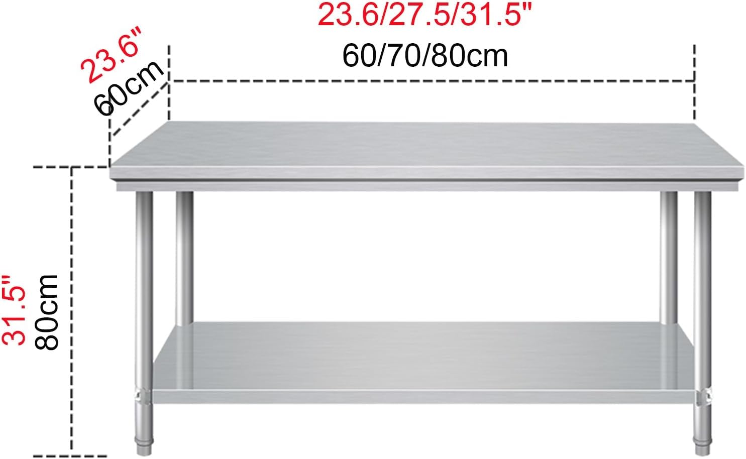 2 Tier Food Prep Table Commercial Stainless Steel Work Table BBQ Worktops Heavy Duty Kitchen Workbench with Adjustable Feet and Bottom Beam Support