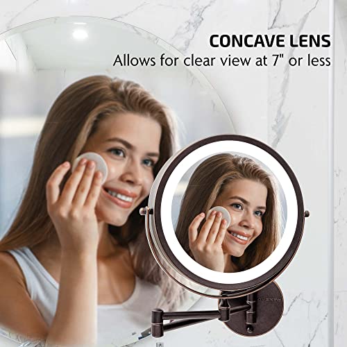 Image of OVENTE 9 inch Wall Mounted Lighted Makeup Mirror, Antique Bronze MFW85ABZ1X7X | Cordless Double Sided 1X /7X Magnifying Mirror for Bathroom with LED Lights, 360 Rotation, Extendable Arm, Battery Operated