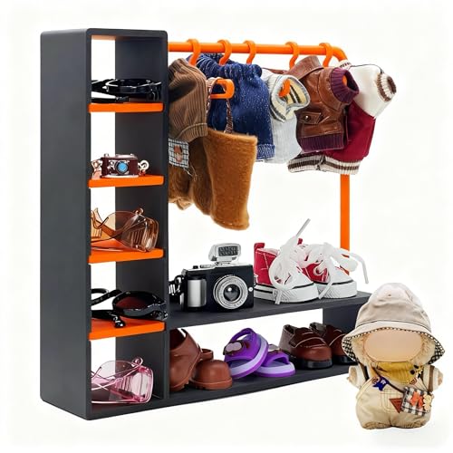 Mini Collectible Display Closet with 10 Hangers, Black & Orange Storage Organizer for Small Figures, Doll Clothes, Blind Box Toys & Mini Accessories by PAZYNORA - Used condition - US$8.65