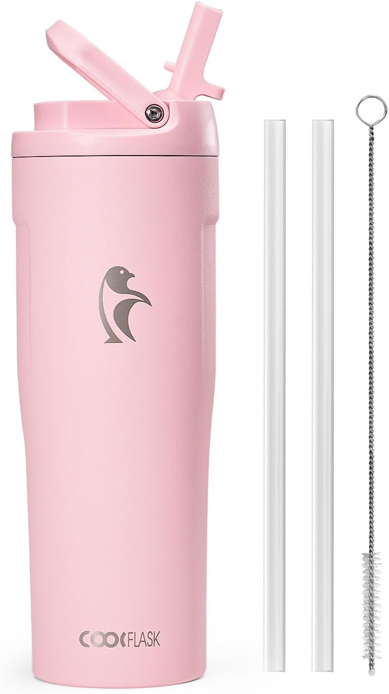 Coolflask Water Bottle 40 oz Fits Car Cup Holder, Slim Tumbler Stainless Steel with Straw & Handle, Vacuum Flask Leakproof Wide Mouth for Travel Sports Gym, Lavender