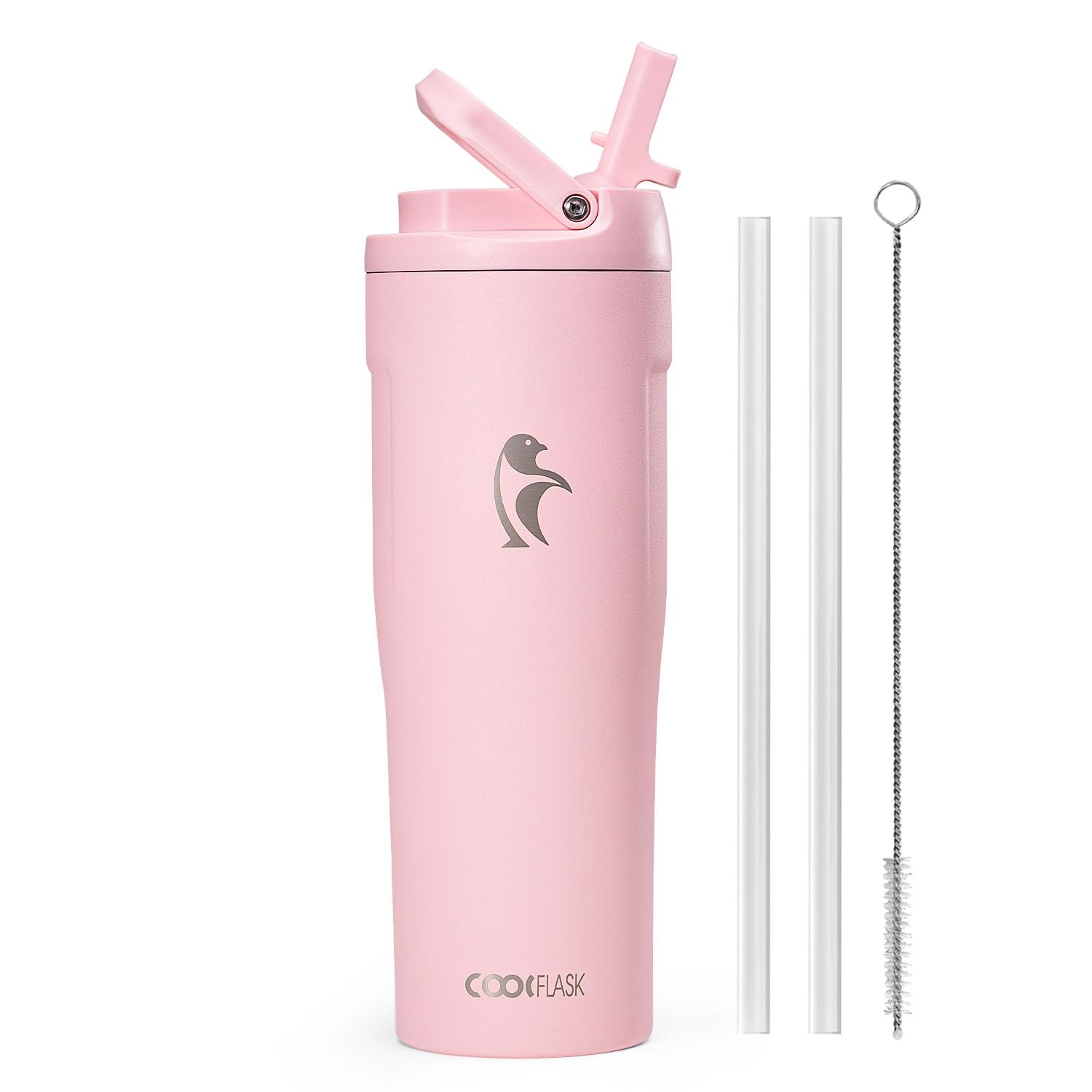 Coolflask Water Bottle 32 oz Fits Car Cup Holder, Slim Tumbler Stainless Steel with Straw & Handle, Vacuum Flask Leakproof Wide Mouth for Travel