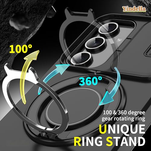 Image of Yindella Phone Case Compatible for Samsung A55, Shockproof Protective Cover with Slide Camera Protector, 360 Ring Kickstand, Magnetic Car Mount Support - Black