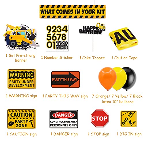 Construction Party Supplies Dump Truck Birthday Banner Cake Topper Traffic Road Signs Caution Tape Balloons Decorations Kit for Kids Birthday Party