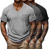 Neer 3 Pack Men's Big and Tall V Neck Pocket T-Shirts, Short Sleeve Shirts 35% Cotton Summer Loose Fit Casual Basic Tee(Black, Dark Gray, Light Gray,3X-Large)