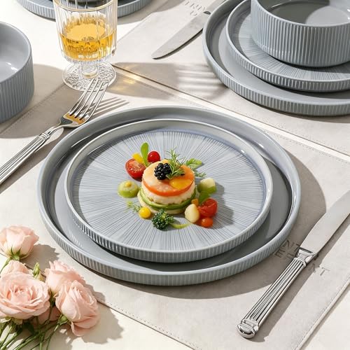 Image of Dinnerware Sets, Ceramic Plates and Bowls Set 12 Piece Dinnerware for 4 Chip Resistant Stoneware with Advanced Inkjet Printing Technology, Dishwasher and Microwave Safe-Smoky Blue