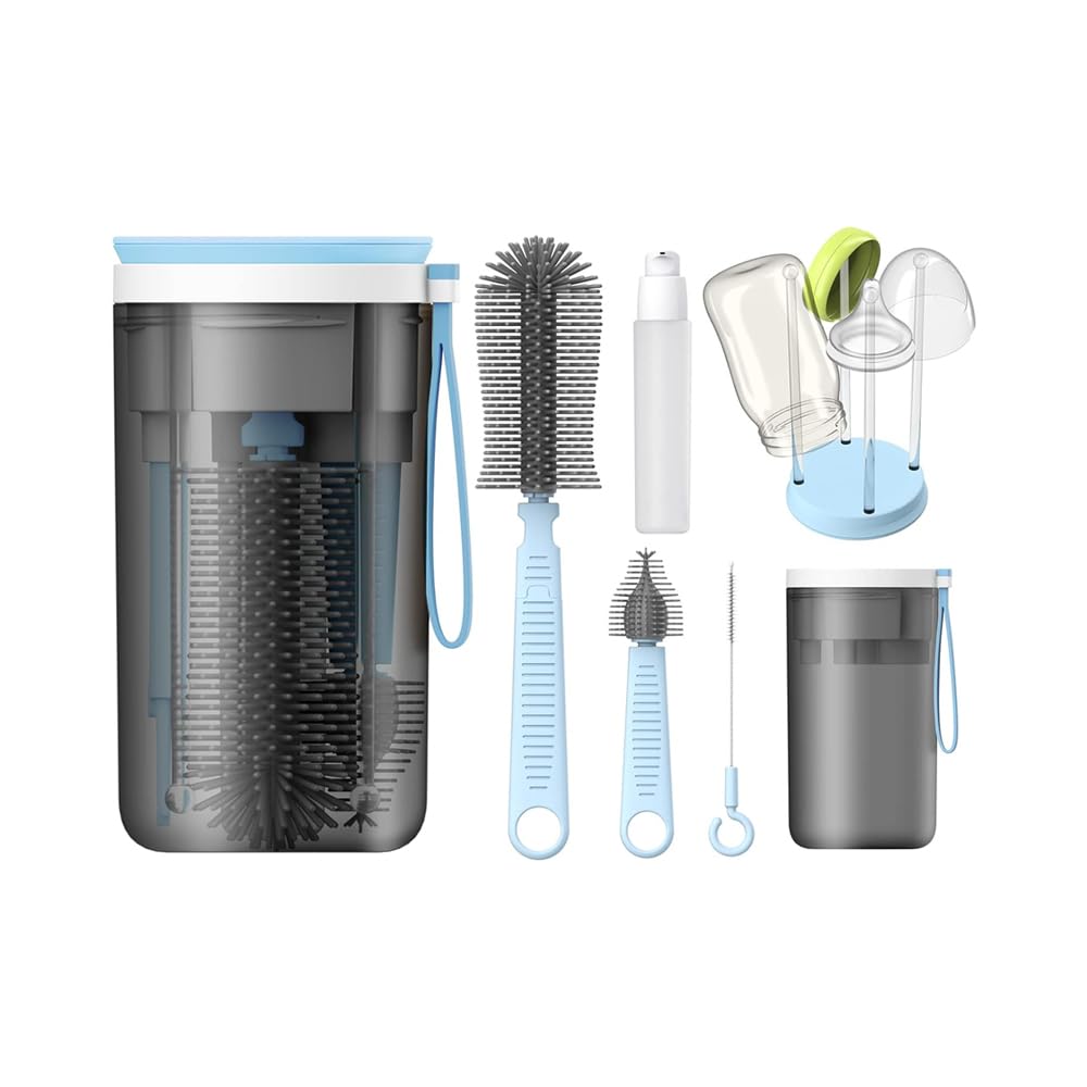 AMERTEER Baby Bottle Brush Set | Travel Bottle Cleaner Kit with Silicone Bottle Brush, Nipple Cleaner, Straw Brushes, Soap Dispenser, Drying Rack & Warmer Bowl | Baby Travel Essentials (Blue)