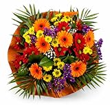 Autumn Burn Bouquet Fresh Seasonal Styling With Orange Gerberas, Mixed Yellow and Red Chrysanthemums, Purple Filler Blooms, Chocolate