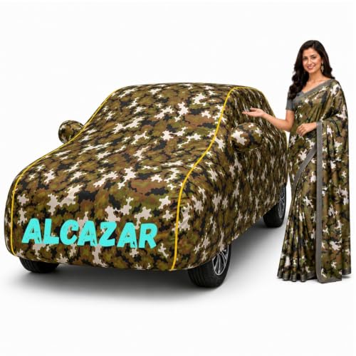 Image of Waterproof Car Body Cover for Alcazar All Weather Protection Comes with Inner Cotton Lining & Triple Stitched with Mirror & Antenna Pocket Belt & Elastic Fit Army with Yellow Piping