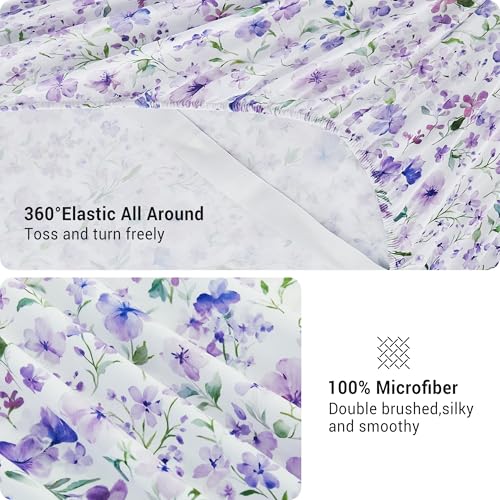 Image of Viviland Floral King Sheet Set - 4 Piece Vintage Lavender Flower and Leaves Patterned Bed Sheets - Soft, Breathable Microfiber Sheets with Deep Pocket, Non-Slip Fitted Sheets & Pillowcases