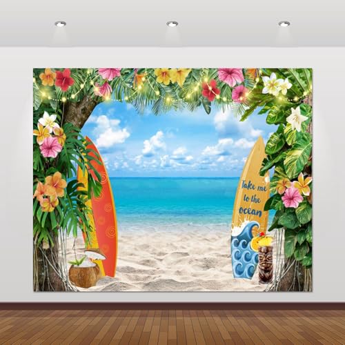 Beach Backdrop 10x8ft Summer Tropical Ocean Hawaiian Palm Leaves Surfboard