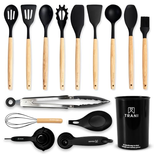 TRANI Kitchen 33- Piece Silicone Cooking Utensil Set with Holder -Compact, Heat Resistant to 446°F, Non-Stick & Durable with Natural Wooden Handles, Black Spatula Set - ideal for Upgrade & Replacement