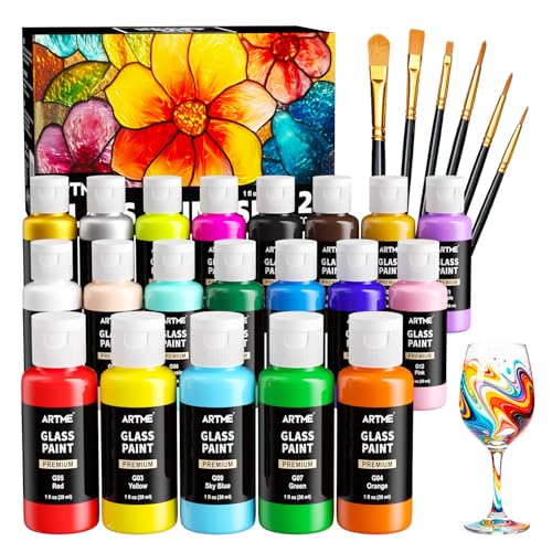 Artme 20 Colors Stained Glass Paint Set with 6 Brushes Waterproof Permanent Acrylic Ceramic & Glass Painting Kit for Beginners and Artists Painting on Wine Glasses Ceramic Window(30ml/1oz)