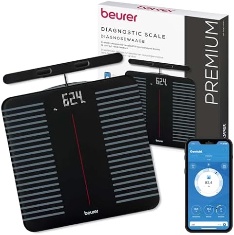 Beurer BF 990 Körperfettwaage mit Handsensoren, Digitale Personenwaage mit App-Anbindung via WIFI/Bluetooth, 25 Messwerte, Überkreuzmessung mit 8 Elektroden, Datenübertragung zu Ap