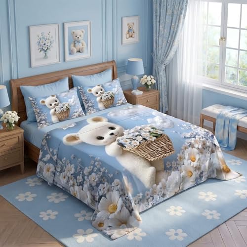 Image of 7D Fairy Tale Cozy Teddy Collection King Bedsheet 108x108 inch with 2 Pillow Covers | Good Stitching, Soft Fabric & Vibrant 7D Digital Print for Kids & Couples (Sky)