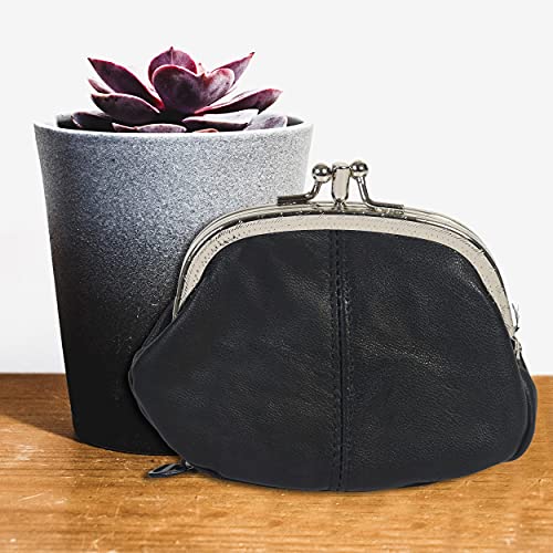 Leatherboss Leather Women's Coin Holder Pouch Purse Double Frame Wallet With Zipper Pocket, Black #TOP3