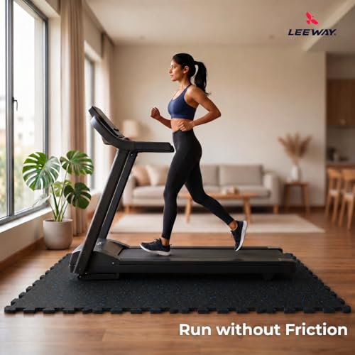 Image of Leeway Interlocking Gym Mats for Floor | EPDM (Set of 8, 10mm, 20 inchx20 inch) Black with Blue Flecks | Gym Floor Mat Rubber for Workout | Equipment Matt for Home | Rubber Tiles, Kids Rooms Puzzle Mate