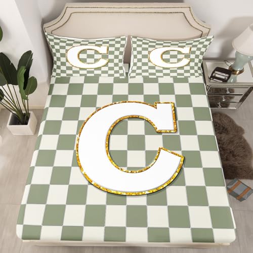 Image of Erosebridal Sage Green Checkered Bedding Set Queen Plaid Initial C Bed Sheets Personalized Monogram Sheet Set Kids Boys Girls,Fashion Grids Gingham Fitted Top Sheets 4 Piece