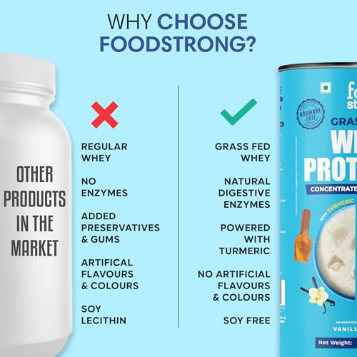 Image of Foodstrong Whey Protein Powder (Concentrate + Isolate), 100% Hormone Free Grass-Fed Whey, 26G Protein & 6.6G BCAA, Vanilla, With Turmeric & Digestive Enzymes, (15 Sachets), 525G
