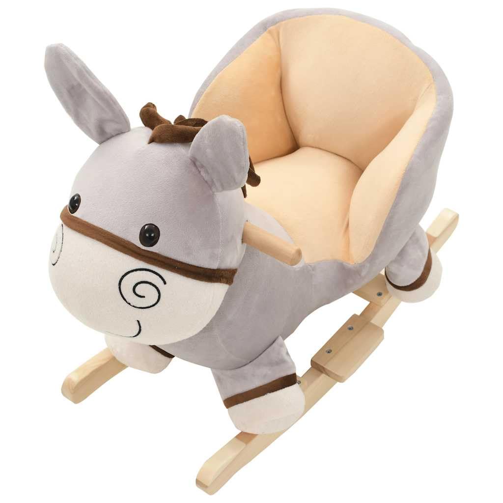 Schaukeltier Esel mit Rückenlehne Plüsch grau 60x32x55 cm Kinder Schaukelpferd mit Holzsockel Metallrahmen Griff und Gurt für Baby Kleinkind Indoor Spielzimmer Geschenk