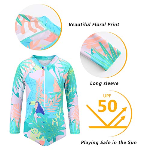 Image of Girls Long Sleeve Rash Guard One Piece Swimsuit Kids UPF 50+ Sun Protection Swimwear Rainbow Striped Bathing Suit 3-14 Years