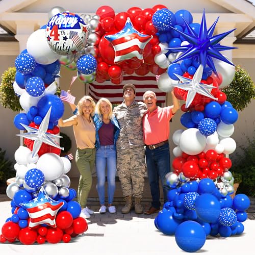 Image of 147Pcs Red White and Blue Balloon Garland Arch Kit with Silver Blue Exploding Star Foil Balloons for 4th of July Independence Day Patriotic Nautical Memorial Veterans Day Theme Party Decoration