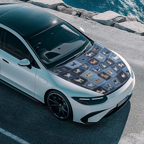 Image of Dog Car Hood Cover, Cowboy Patchwork Puppy Washable Elastic Auto Hood Protector Stretchable Polyester Fabric, Dachshund Chihuahua Corgi Car Bonnet All-Season Protection