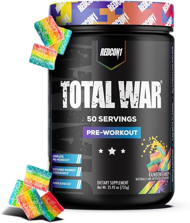 REDCON1 Total War Pre Workout Powder, Rainbow Candy - Beta Alanine + Citrulline Malate Vegan & Keto Friendly Preworkout for Men & Women with 320mg of Caffeine (50 Servings