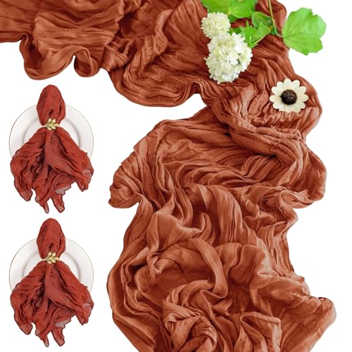 90 x 300 cm Tischläufer aus Käsetuch und 6 Stück 50 x 50 cm Servietten-Set, Rustikale Boho-Servietten mit Knitteroptik zur Tischdekoration für Hochzeiten zu Hause (Orangerot) 90 x 300 cm Tischläufer aus Käsetuch und 6 Stück 50 x 50 cm Servietten-Set, Rustikale Boho-Servietten mit Knitteroptik zur Tischdekoration für Hochzeiten zu Hause (Orangerot)