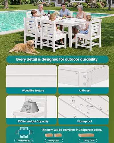 Image of SERWALL 7-Pc HDPE Patio Dining Set, 1 Table & 6 Armless Chairs, White | HDPE Outdoor Dining Set with Rectangular Table & 6 Armless Chairs, All-Weather Resistant SERWALL Dining Set for 6