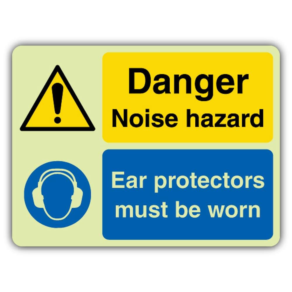 V Safety Glow In The Dark Danger Noise Hazard - Protectores auditivos con texto en inglés "Must Be Worn", 800 x 600 mm, hecho de vinilo autoadhesivo de doble brillo, señalización de advertencia de