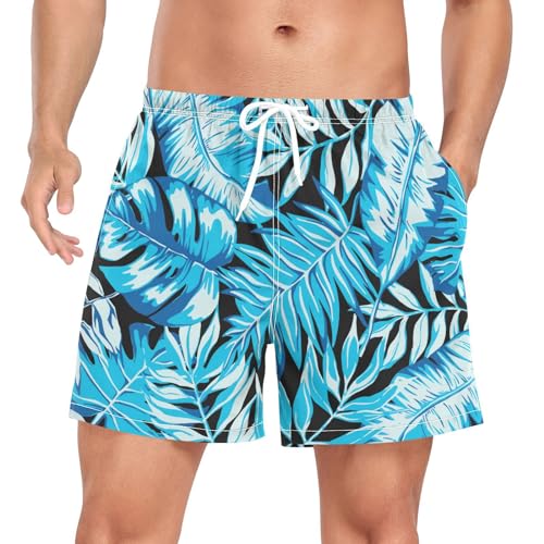 Mens Swim Trunks Blue Palm Leaf Plant Swim Shorts Quick Dry Beach Shorts with Compression Liner and Zipper Pocket