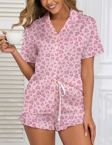 Image of Veseacky Women Satin Pajamas Set 2 Piece Button Down Short Sleeve Soft Sleepwear with Pockets
