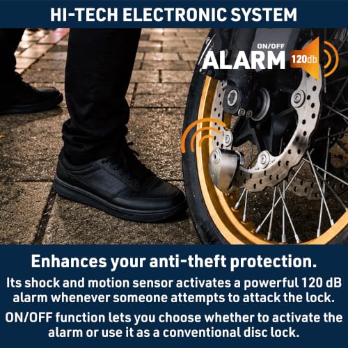 Image of URBAN UR910S Approved Motorcycle Disc Lock with Hi-Tech Alarm | 120dB, X2 ON | SRA & Sold Secure Gold Tested Anti-Theft for Motorbike Scooter Bike | 10mm Double Locking, Stainless Steel