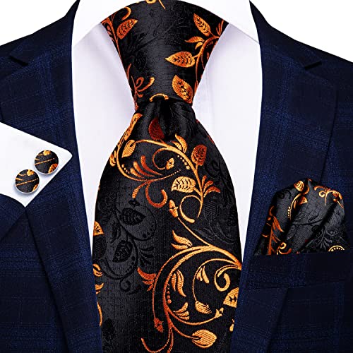 Image of Hi-Tie Paisley Floral Ties Set for Men Silk Mens Stripes Necktie Pocket Square Cufflinks Set Formal Business