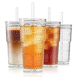 INSETLAN 20oz Hobnail Glass Cups with Lids and Glass Straws – 4 Pieces, Thick-Walled Glass Tumblers for Iced Coffee, Smoothies, Milk, Water, Juice, and More – Elegant and Durable Drinking Glasses