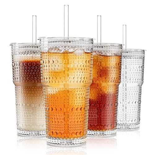 INSETLAN 20oz Hobnail Glass Cups with Lids and Glass Straws – 4 Pieces, Thick-Walled Glass Tumblers for Iced Coffee, Smoothies, Milk, Water, Juice, and More – Elegant and Durable Drinking Glasses
