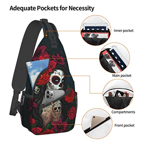 Sugar Skull Rose Crossbody Backpack for Travel Hiking Chest Daypack Shoulder Sling Bag for Men Women Cycling Walking4
