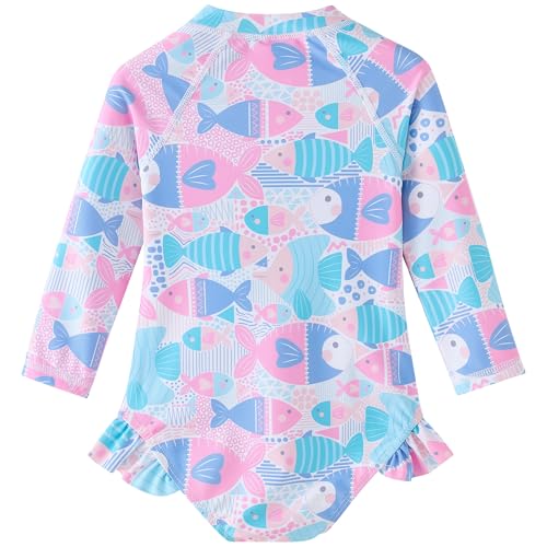 Image of UMELOK Baby Girls One Piece Swimsuit Infant Bathing Suit Long Sleeve Rash Guard Swimwear with UPF 50+ Sun Protection