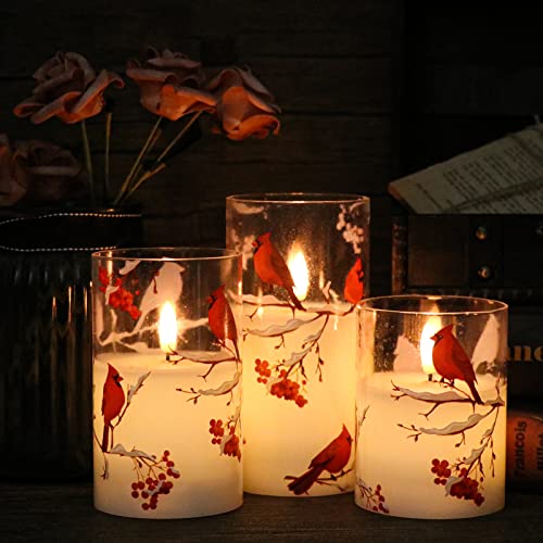 Image of GenSwin Red Bird Glass Flameless Candles with Remote Timers, Battery Operated 3D Wick Led Flickering Light, Real Wax Pillar Candles for Christmas Home Decoration(Pack of 3, 3 inchx4 inch5 inch6 inch)
