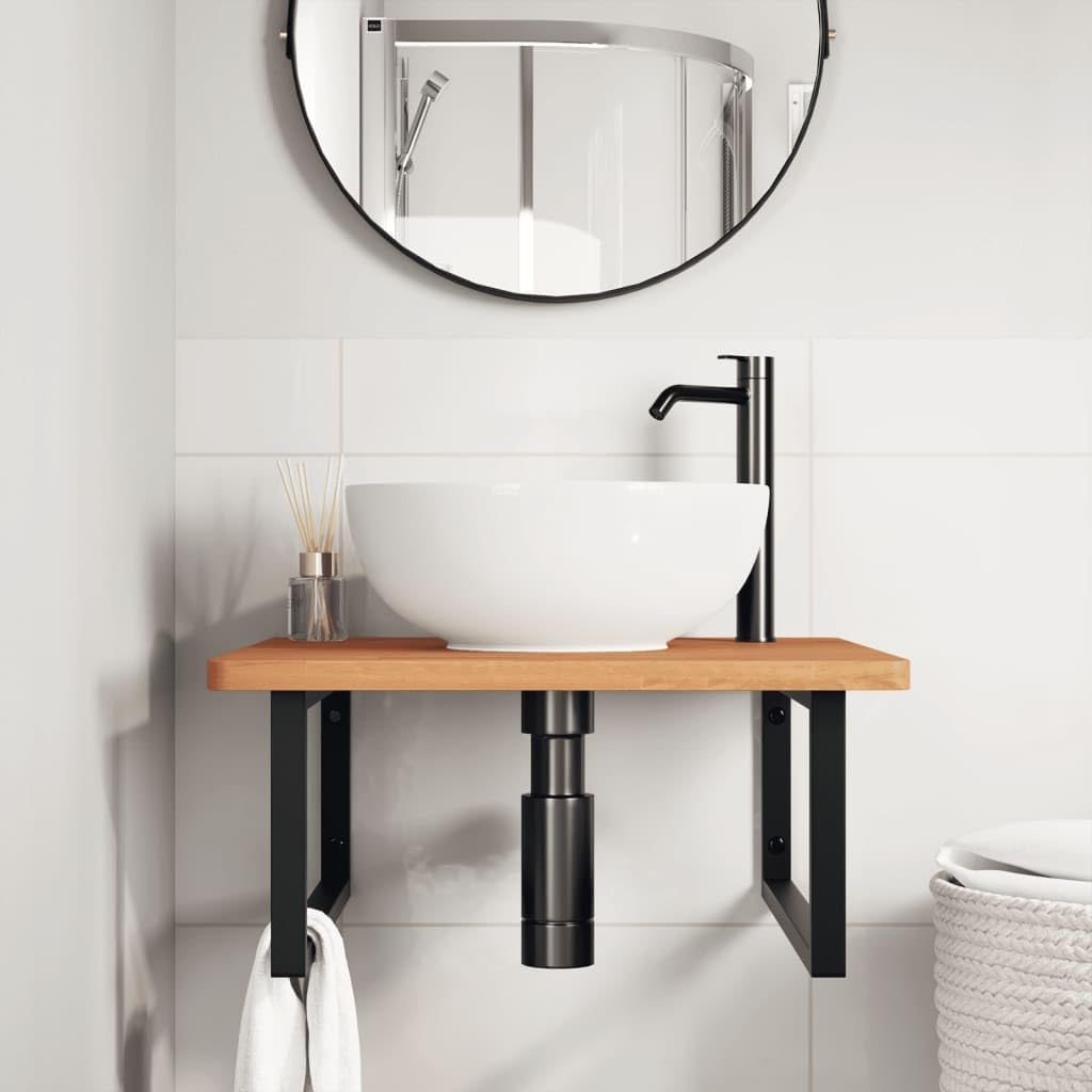 Waschbeckenregal Wandmontage Stahl und Massivholz Buche, 60x60 cm Ablage mit 2 Halterungen, platzsparend und belastbar, Badmöbel Organizer für Gäste WC und Badezimmerwaschtisch