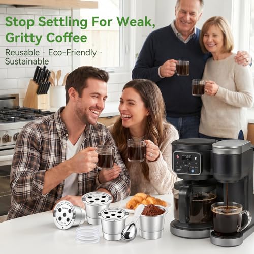Image of CAPMESSO Reusable K Cups for Keurig: 6 Pack 5 Hole All Stainless Steel Pods | Fits K Supreme K Slim K Duo Gen2 includes scoop no plastic taste brew cups back to back before washing easy rinse /rich coffee