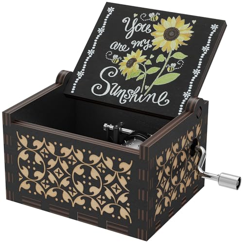 HLZK Boîte à musique antique en bois avec manivelle « You are My Sunshine Sunshine » - Cadeau pour enfants/amis/amoureux/mère, cadeau de Saint-Valentin, d'anniversaire, de Noël (noir A)