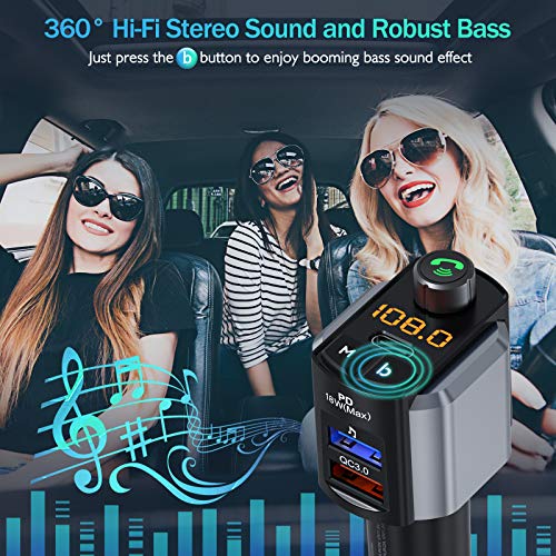 Transmissor FM LENCENT Bluetooth 5.0 para carro, QC 3.0 e Type-C PD 41W carregador adaptador de áudi