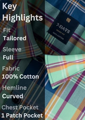 Image of 7-DAYS Men's Premium Check Shirt - 100% Cotton, Tailored Fit (Between Slim & Regular), Full Sleeve, with Pocket - Smart Office & Casual Look