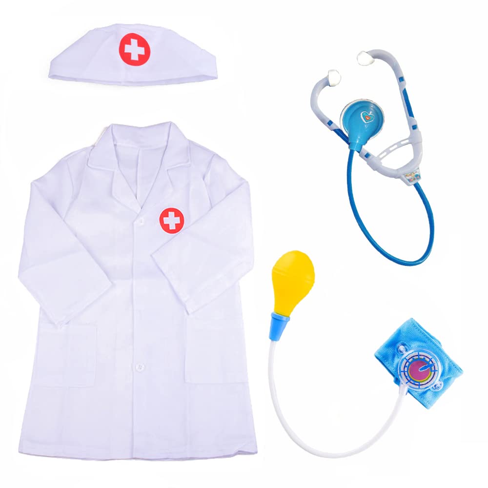 ZJstyle 4 Pcs Kids Doctor Costume Unisex Fancy Dress Set With Outfit, Stethoscope, Roleplay Costume for Pretend Role Play - Boys and Girls 3-6 Years (White)