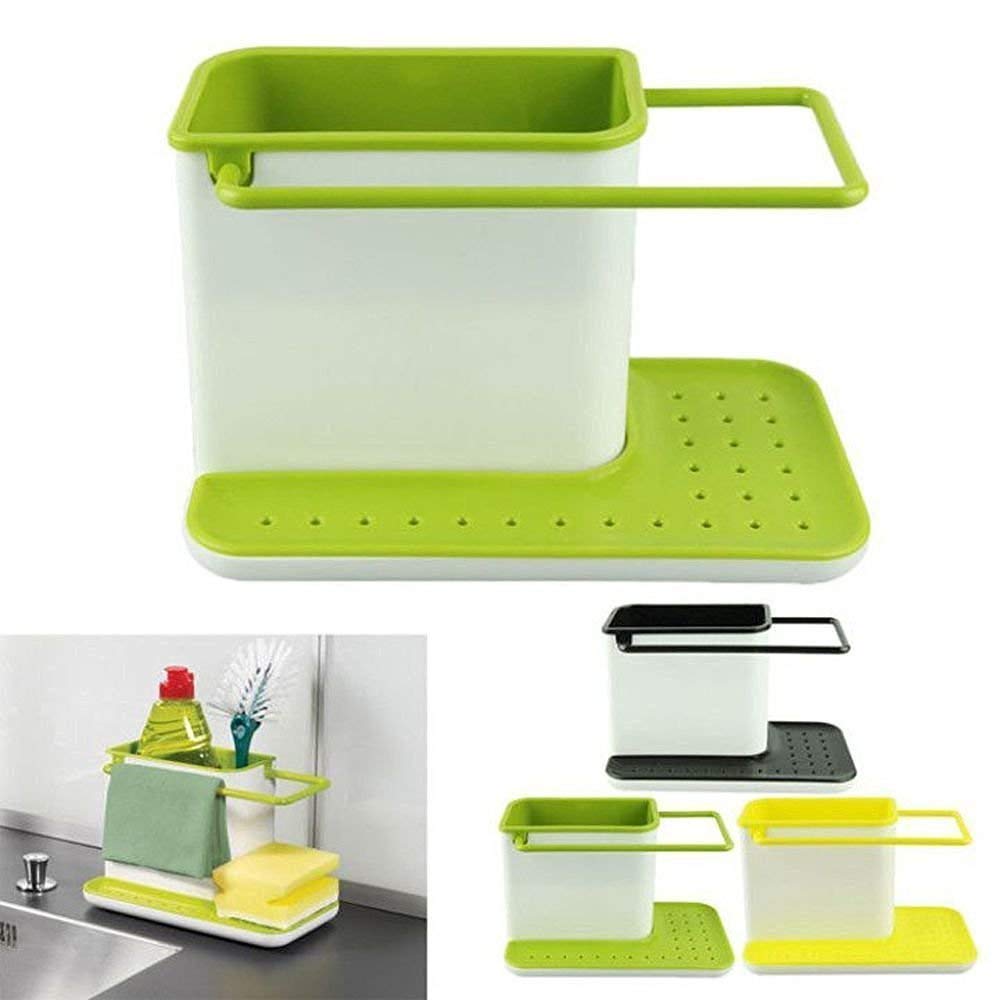 Lariox 3 in 1 Stand for Kitchen Sink, Liquid Bottles, Store Hand Wash Bottle Wiping Cloths,Brush Dishwasher Liquid, Brush, Cloth, Soap, Sponge, Self Draining 4
